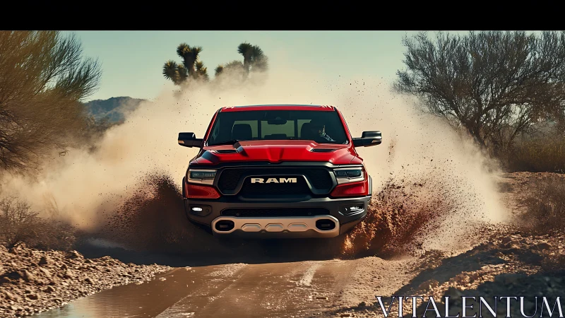 Red pickup truck crossing muddy desert track at speed.