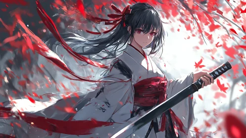 Samurai girl holds katana amid red leaves and fabric