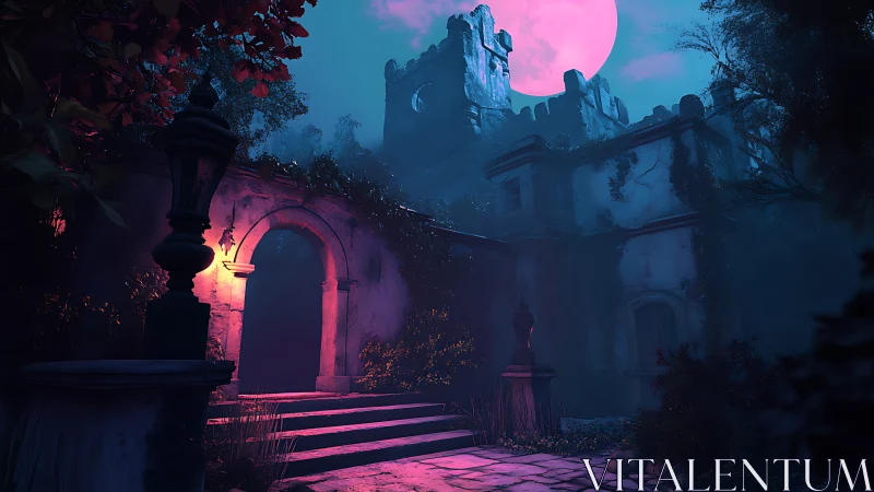 Moon-drenched ruin whispers beneath neon-magenta night.