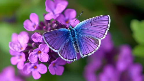 Iridescent blue butterfly resting on vivid violet blossoms.