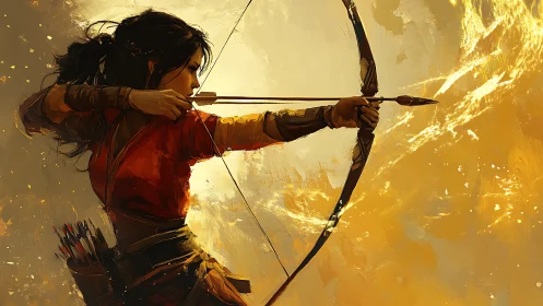 Dynamic digital painting of archer in golden backlight.