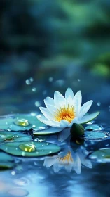 High-saturation macro study of single white water lily in pond