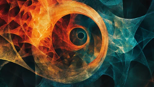Spiral fractal rings in orange and teal abstract field.