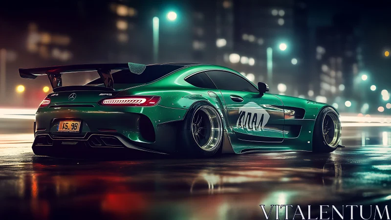 Emerald racing coupe powers through neon-soaked urban night.