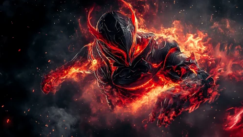 Infernal armored warrior emerging from swirling firestorm.