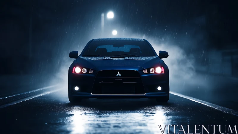 Blue Mitsubishi sedan on wet night road with headlights on.