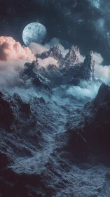 Moonlit alien mountains rise through mist in a frozen dreamscape