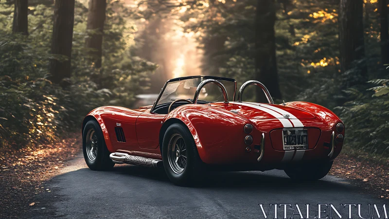 Red classic roadster parked on forest road at sunrise.