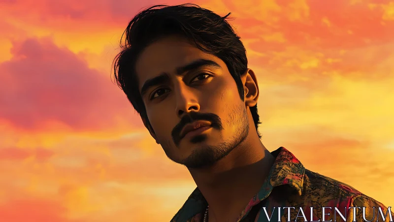 Photorealistic sunset portrait with warm rim lighting emphasis.