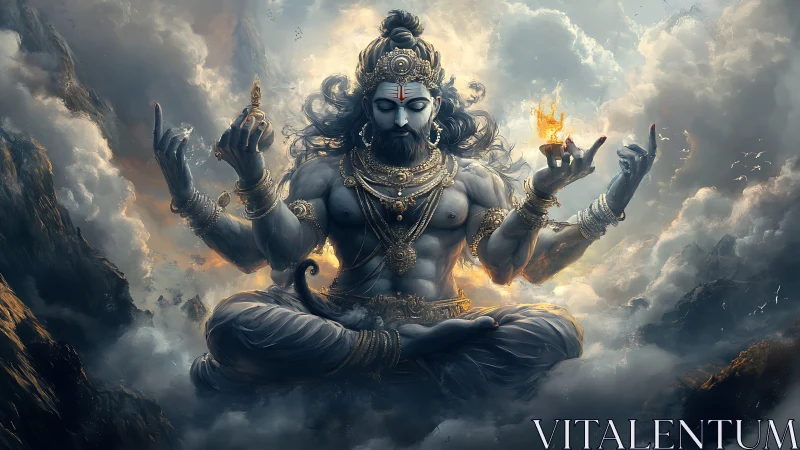 Mythic sky deity levitates in stormlit mountainscape.