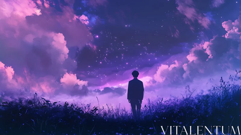 Quiet stargazer in violet twilight clouds and wild grasses.