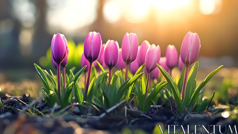 Radiant Magenta Tulips Glowing in Golden Sunrise.