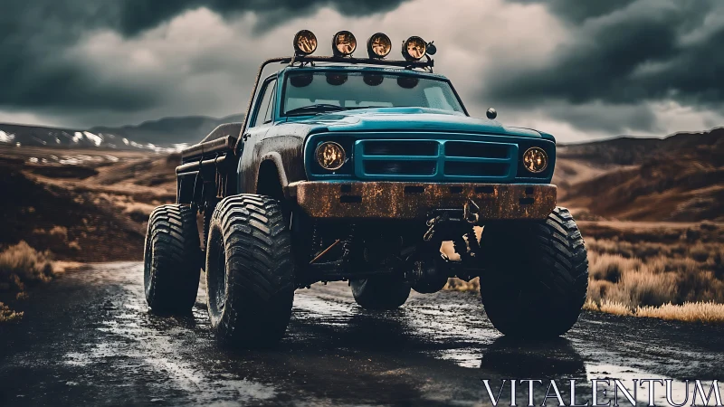 Lifted blue off road truck on muddy rural mountain road.