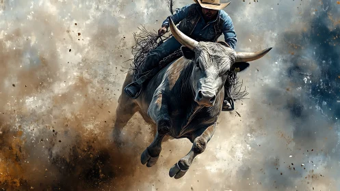 Bull rider charges through dust in cinematic close-up action.