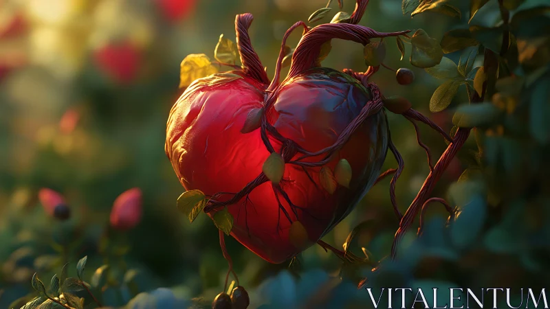 Luminous Pomegranate Heart Suspended in Golden Orchard Light.