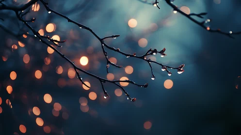 Dewy tree branches with glowing bokeh at dusk, dreamy nature photo.