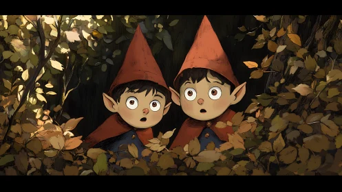 Two hooded children stand amid dense autumn foliage