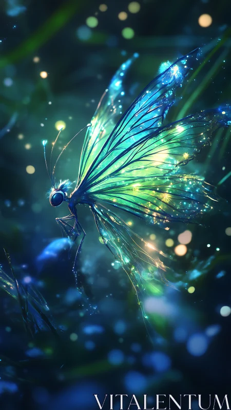 Bioluminescent butterfly rendered in luminous bokeh-rich macro field