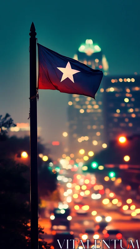 Texas flag over blurred night city traffic and lights.
