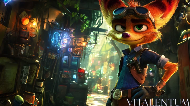 Confident fox explorer smiles in a glowing cyber alleyway