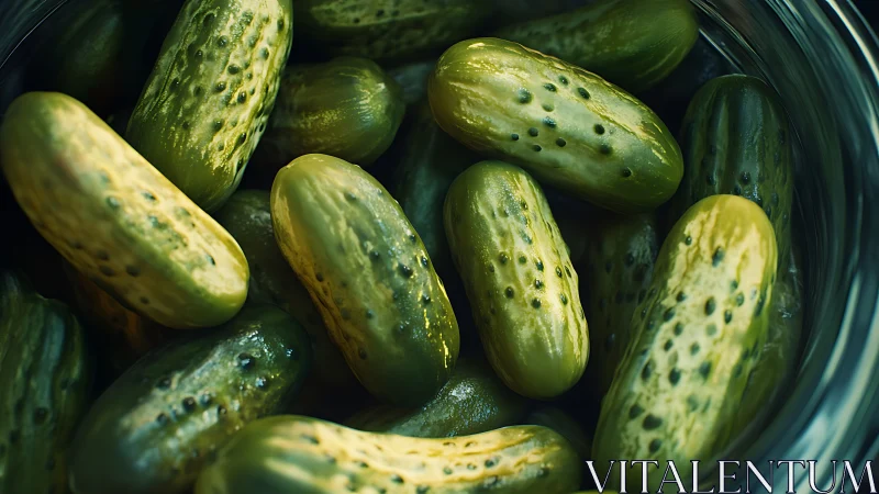Glowing green pickles fill a glass jar in crisp close-up