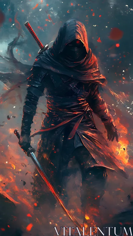 Hooded emberblade warrior striding through the burning dusk.