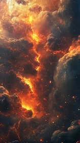 Chaotic clouds and lightning ruptures in golden-orange sky.