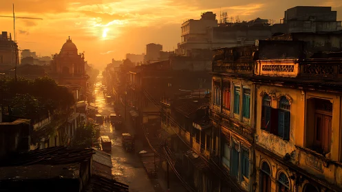 Sunlit alleyways bathe an old city in molten amber glow.