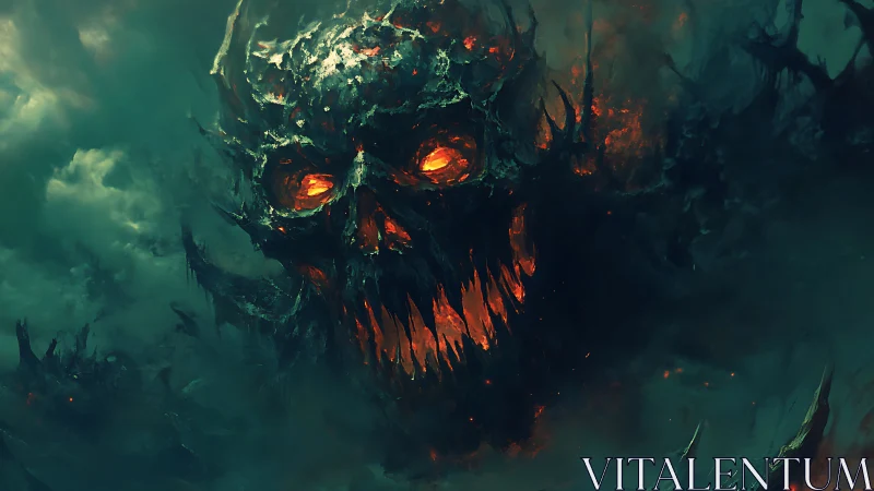 Skull-like fiery entity emerges within turbulent dark clouds