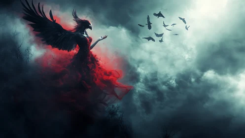 Winged humanoid in red dress amid dark storm clouds.