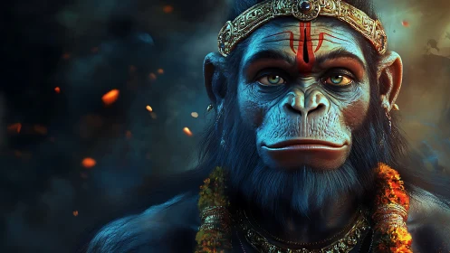 Divine simian warrior portrait in glowing digital realism.