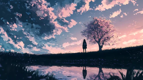 Silhouetted girl watches cherry tree under expansive dusk sky
