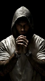 Hooded man in dramatic low key portrait, fists clasped.