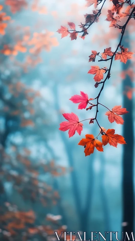 Crimson maple leaves glow against soft blue forest haze.