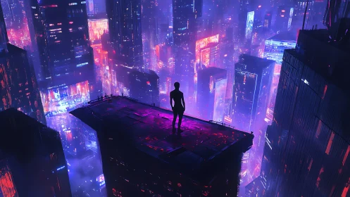 Solitary figure overlooking neon-drenched cyberpunk megacity.