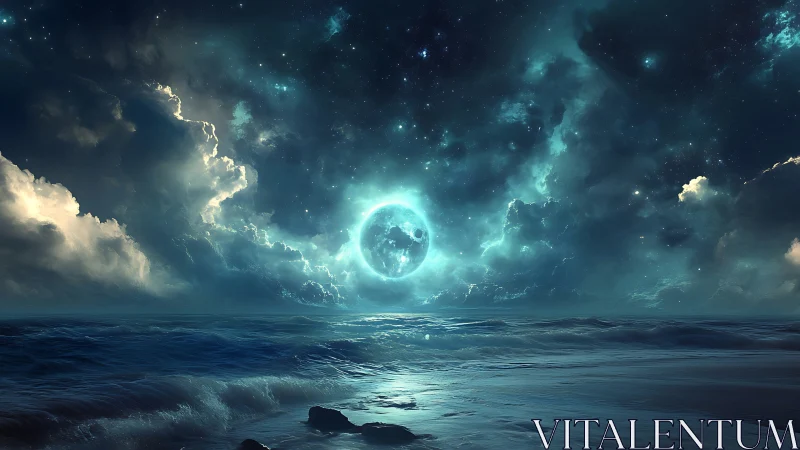 Moonlit ocean dreams glow softly beneath a cosmic sky