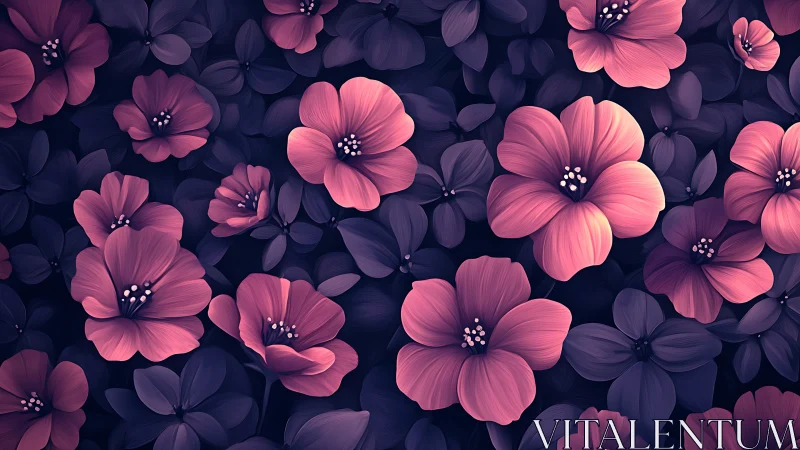 Pink and Purple Floral Digital Art Against Dark Background.