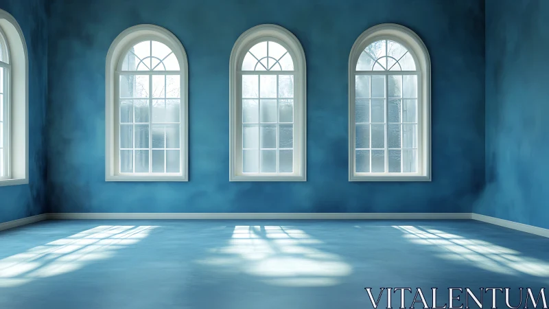 Minimalist blue interior with arched windows and soft daylight.