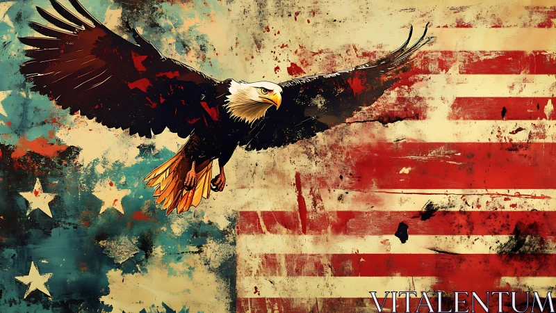 Bald eagle silhouette traverses distressed U.S. flag field