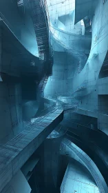 Geometric Architectural Interior with Cyan Light Composition.