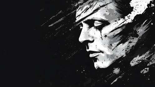 Monochrome profile portrait with abstract paint splashes.