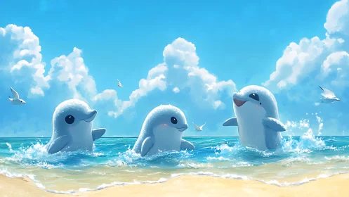 Playful baby dolphins splashing together in sunny surf.