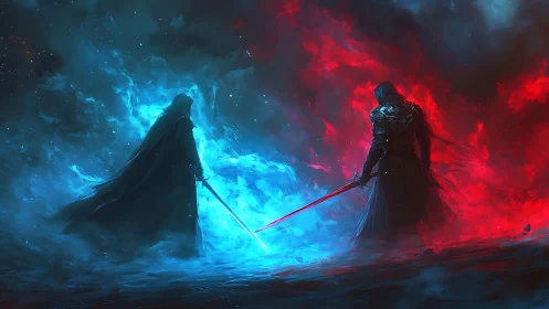 Hooded sword duel amid blue and red elemental smoke.