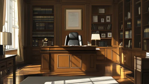Sunlit executive law office shows polished wooden interior