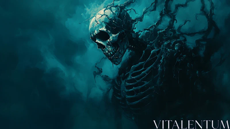 Undead skeletal wraith drifts through teal spectral fog