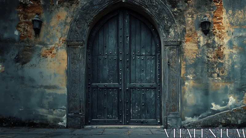 Weathered arched wooden door set in decayed stucco masonry wall