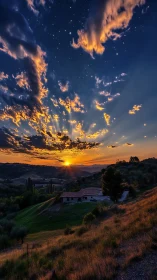 Photorealistic hillside sunset with cinematic sky gradients.