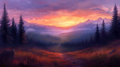 Sunset light spills across misty mountain valley pine forest