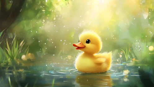 Yellow duckling in soft light on calm forest pond.