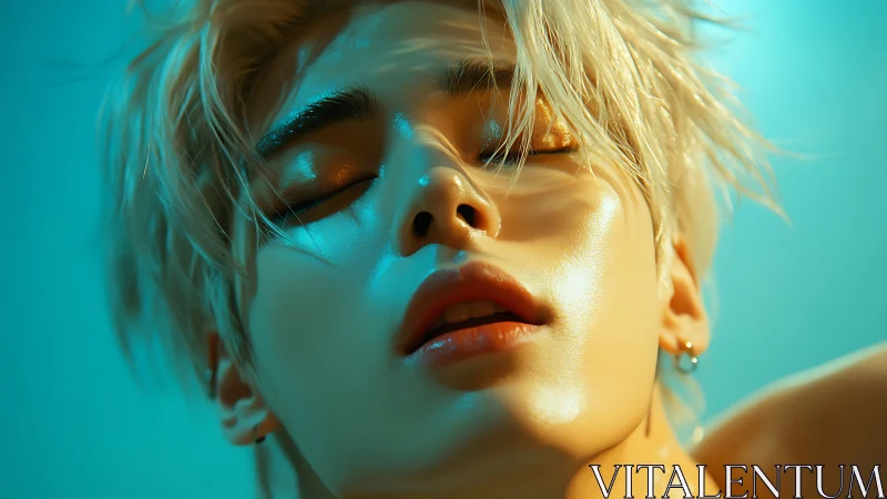 Sensual close-up portrait glows under teal and gold light